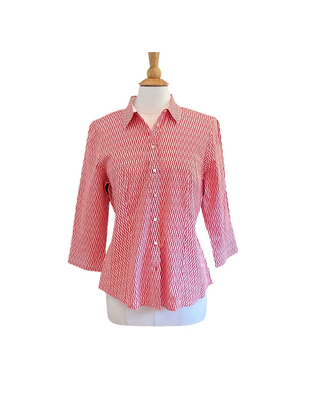 Talbots Red/Orange Allover Print Button Down, 3/4 Sleeve, Wrinkle Resistant 14P